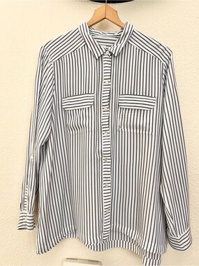 J. Jill Striped Rayon Button-Down Utility Blouse High-Low Roll-Tab Sleeve XL